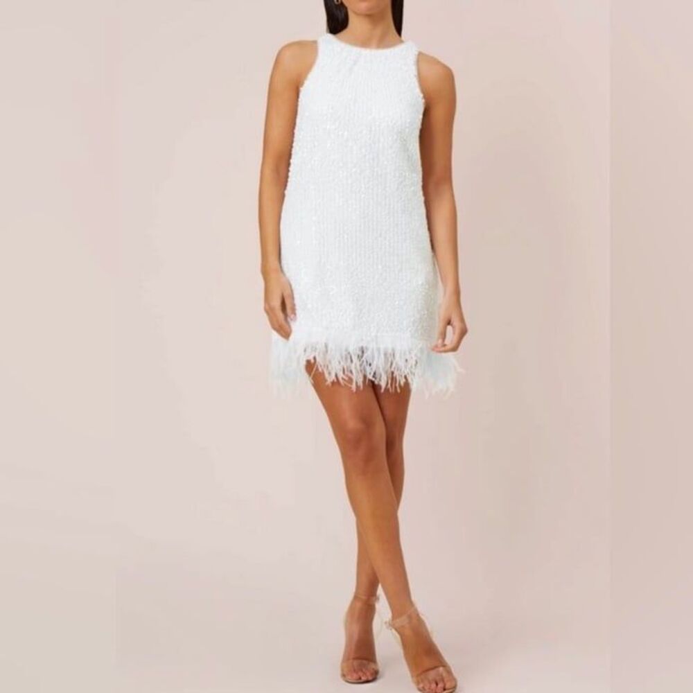 Aidan Mattox Halter Sequin Swing Dress Feather Trim Party Cocktail NWT 14